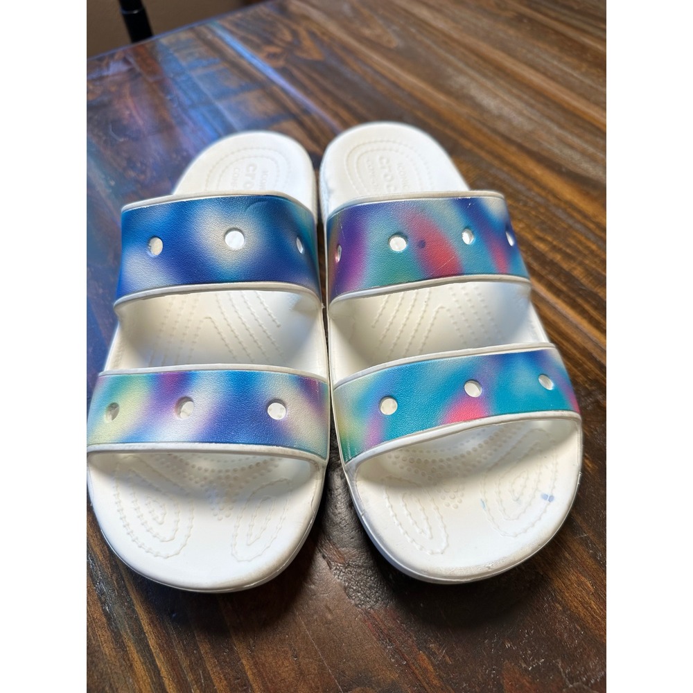 Crocs Classic Sandal White Multi‎ Solarized Spray Two Strap Slide Men 7 Women 9